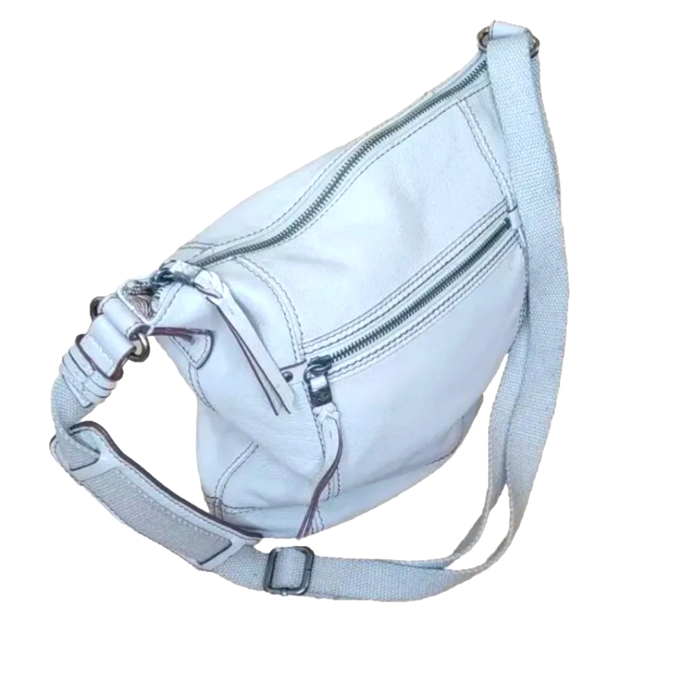 The Sak Purse Crossbody Leather Zip Closure Top Canvas Guitar Strap Boho Cream